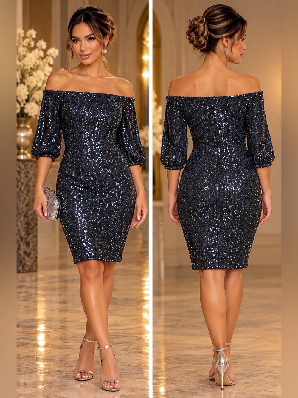 VENUS Black Sequin Off the Shoulder Shift Dress Medium Hoco Tunic Midi
